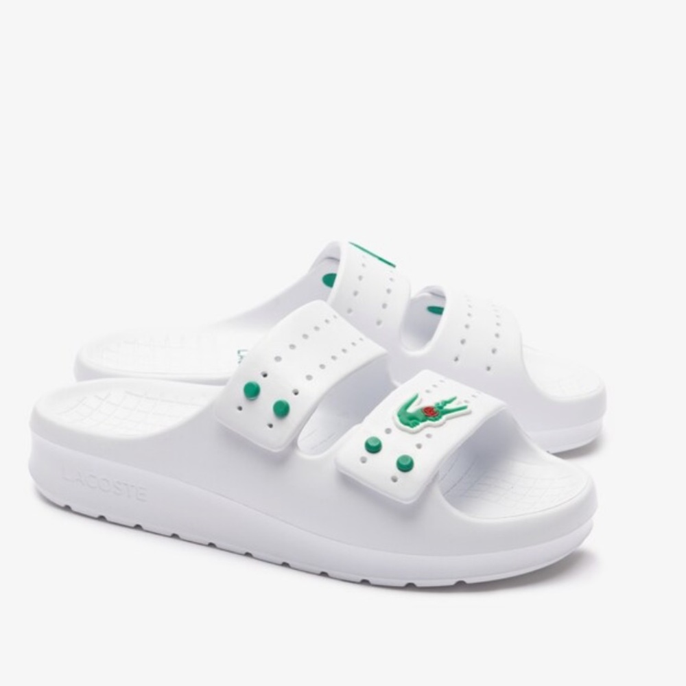 Lacoste x CLOT sz 6 WOMEN'S SERVE STRAP SLIDES White with Green Logo